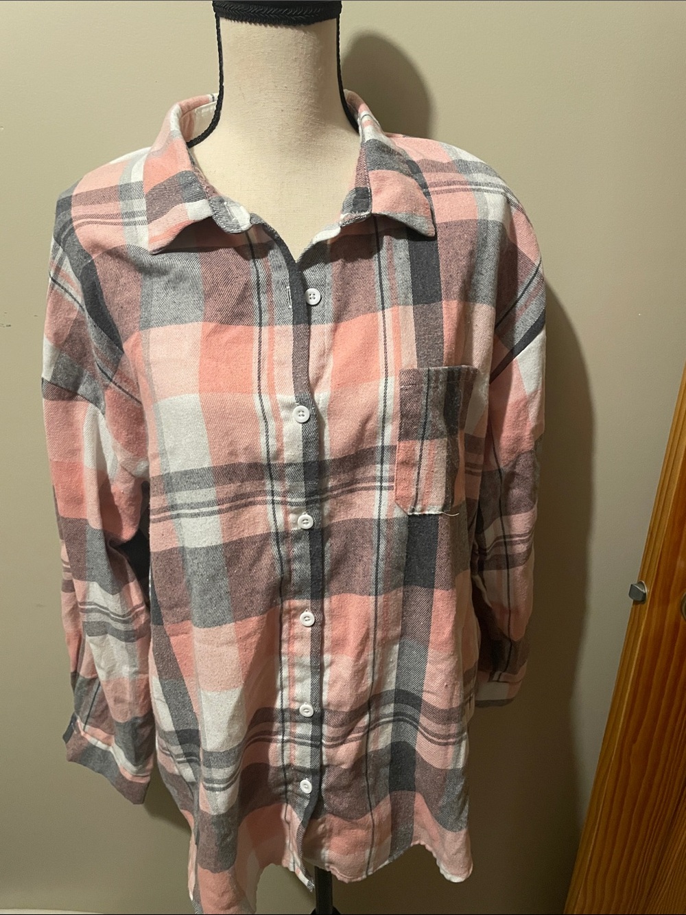 SHEIN Pink Gray White Plaid Button-Down Shirt